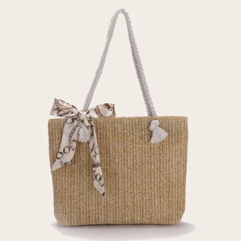 🔴 Straw Tote Bag with Scarf Bow - Picture 6 of 8
